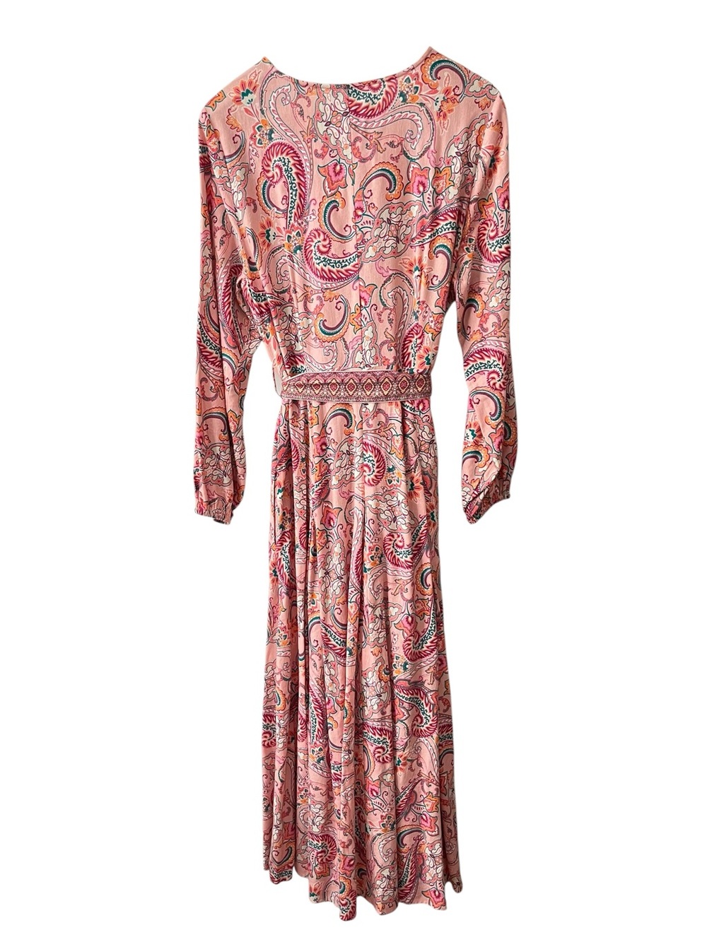 Venus Pink Paisley Boho Linen Long Sleeve Belted Maxi Dress Size 12 - Picture 4 of 9